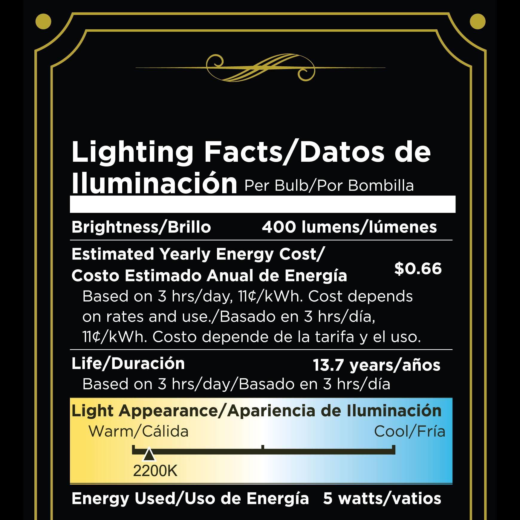Lighting Facts/Datos de Iluminación Per Bulb/Por Bombilla

Brightness/Brillo: 400 lumens/lúmenes

Estimated Yearly Energy Cost/Costo Estimado Anual de Energía: $0.66  
Based on 3 hrs/day, 11c/kWh. Cost depends on rates and use./Basado en 3 hrs/día, 11¢/kWh. Costo depende de la tarifa y el uso.

Life/Duración: 13.7 years/años  
Based on 3 hrs/day/Basado en 3 hrs/día

Light Appearance/Apariencia de Iluminación: Warm/Cálida Cool/Fría  
2200K

Energy Used/Uso de Energía: 5 watts/vatios