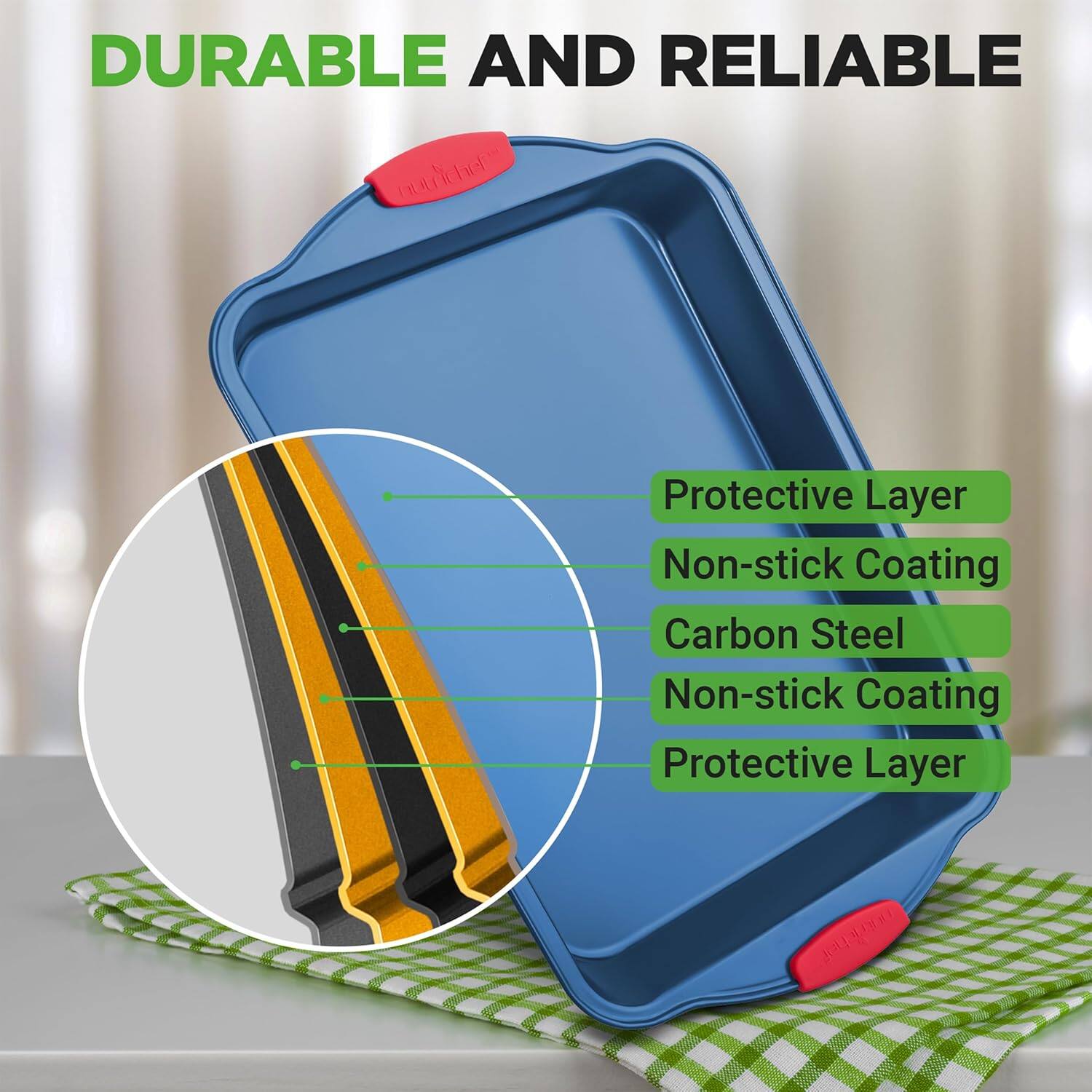 DURABLE AND RELIABLE

Protective Layer  
Non-stick Coating  
Carbon Steel  
Non-stick Coating  
Protective Layer