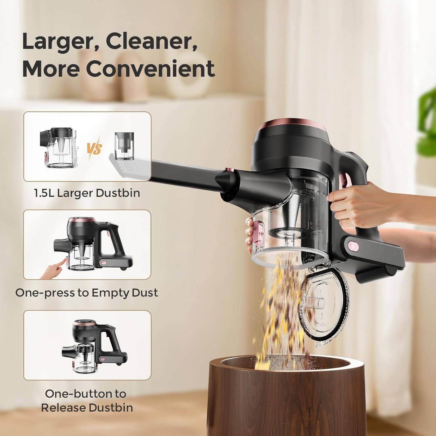 Larger, Cleaner, More Convenient

1.5L Larger Dustbin

One-press to Empty Dust

One-button to Release Dustbin
