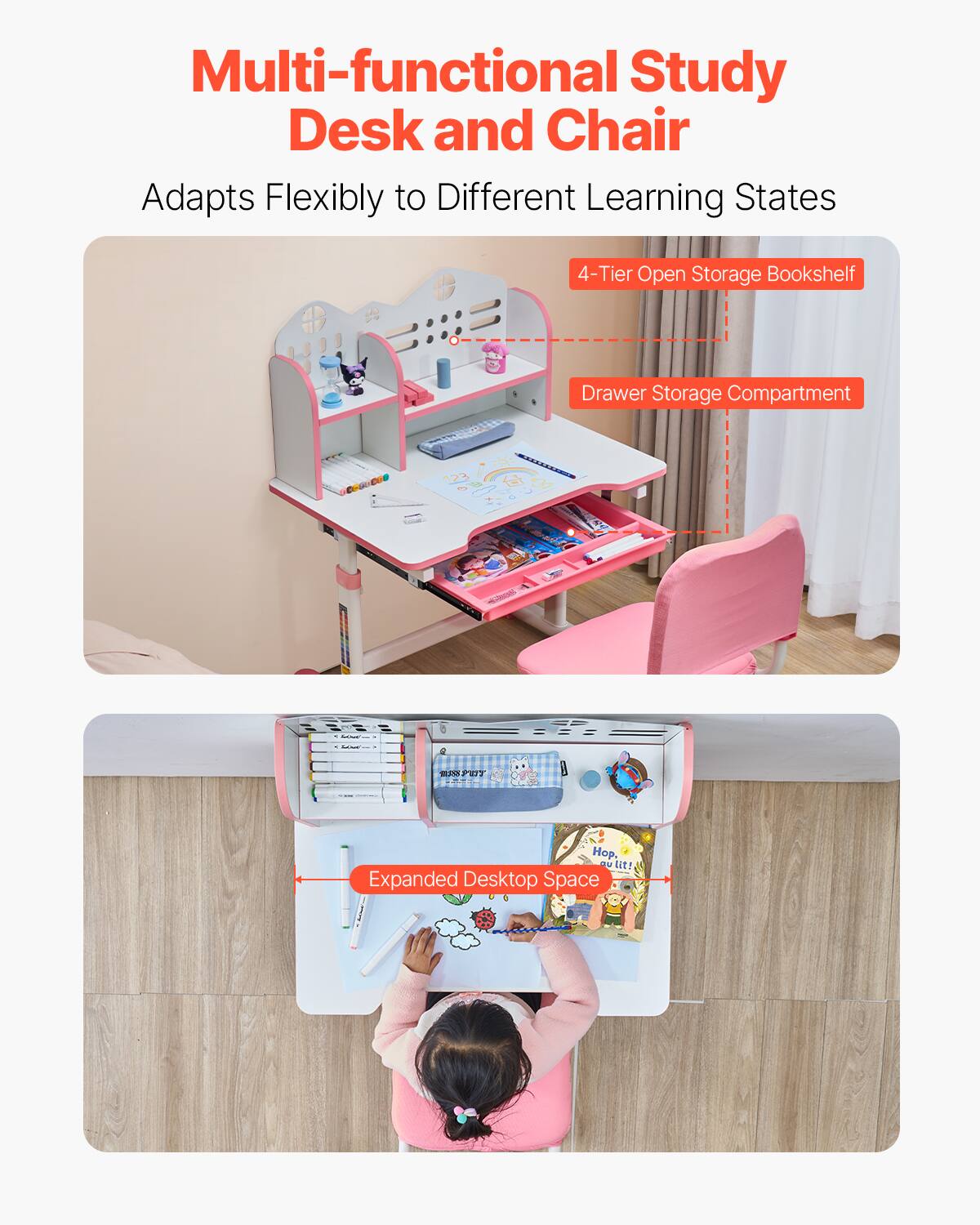 Multi-functional Study Desk and Chair

Adapts Flexibly to Different Learning States

4-Tier Open Storage Bookshelf

Drawer Storage Compartment

Expanded Desktop Space