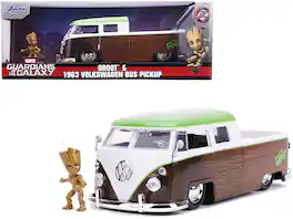 Jada - 1963 Volkswagen Bus Pickup Truck with Groot Diecast Figurine "Guardians of the Galaxy" "Marvel" Series 1/24 - White, Brown, Green
