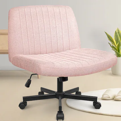 Front. Neo Chair - Criss Cross Chair with Wheels Home Office Cross Legged Armless Chairs Ergonomic Computer Desk Wide Seat for Bedroom - Wheels-Pink.