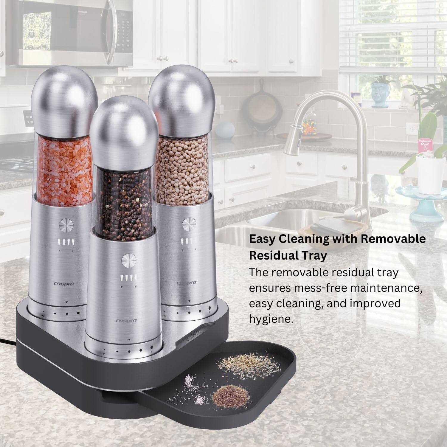 FC Design - Electric Salt and Pepper Grinder, Set of 3 with Wireless Charging Base, Rechargeable - Stainless Steel - Thumbnail 4