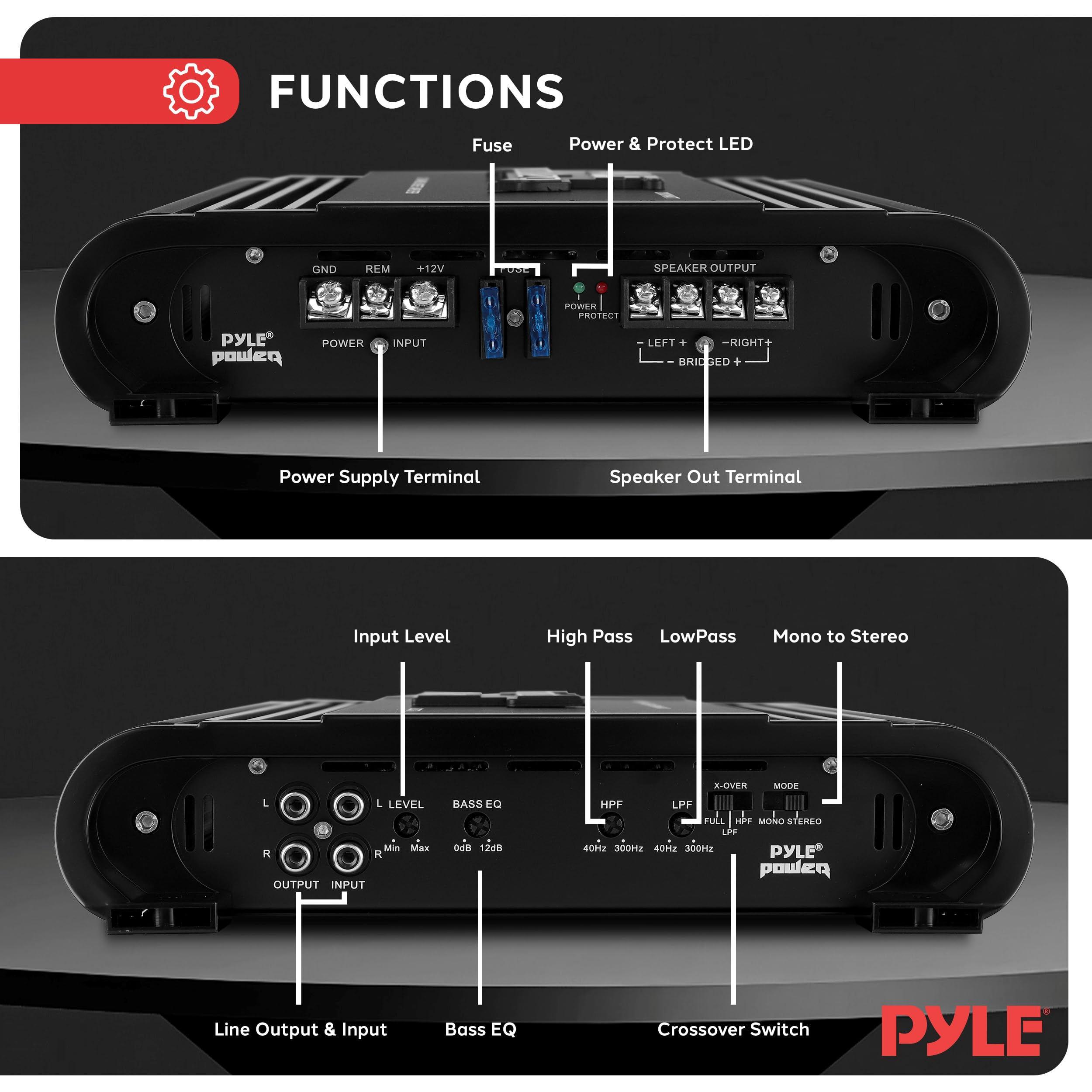 FUNCTIONS  
Fuse Power & Protect LED  
GNID REM +12V  
SPEAKER OUTPUT POWER PROTECT  
PYLE poweq  
POWER INPUT LEFT + -RIGHT+ BRIGGED BR +  
Power Supply Terminal Speaker Out Terminal Input Level High Pass LowPass Mono to Stereo  
L LEVEL BASS EQ  
R Min Max 0dB 12dB  
OUTPUT INPUT  
X-OVER MODE HPF LPF FULL MONO STEREO  
40Hz 0Hz 400Hz 300Hz  
PYLE poweq  
Line Output & Input Bass EQ Crossover Switch  
PYLE