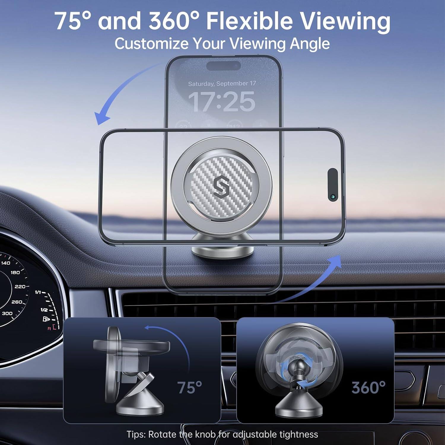 75° and 360° Flexible Viewing  
Customize Your Viewing Angle  

Saturday, September 17  
17:25  

140  
180  
220  
1/1  
260  
300  
1/2  
11  

75  
360  

Tips: Rotate the knob for adjustable tightness