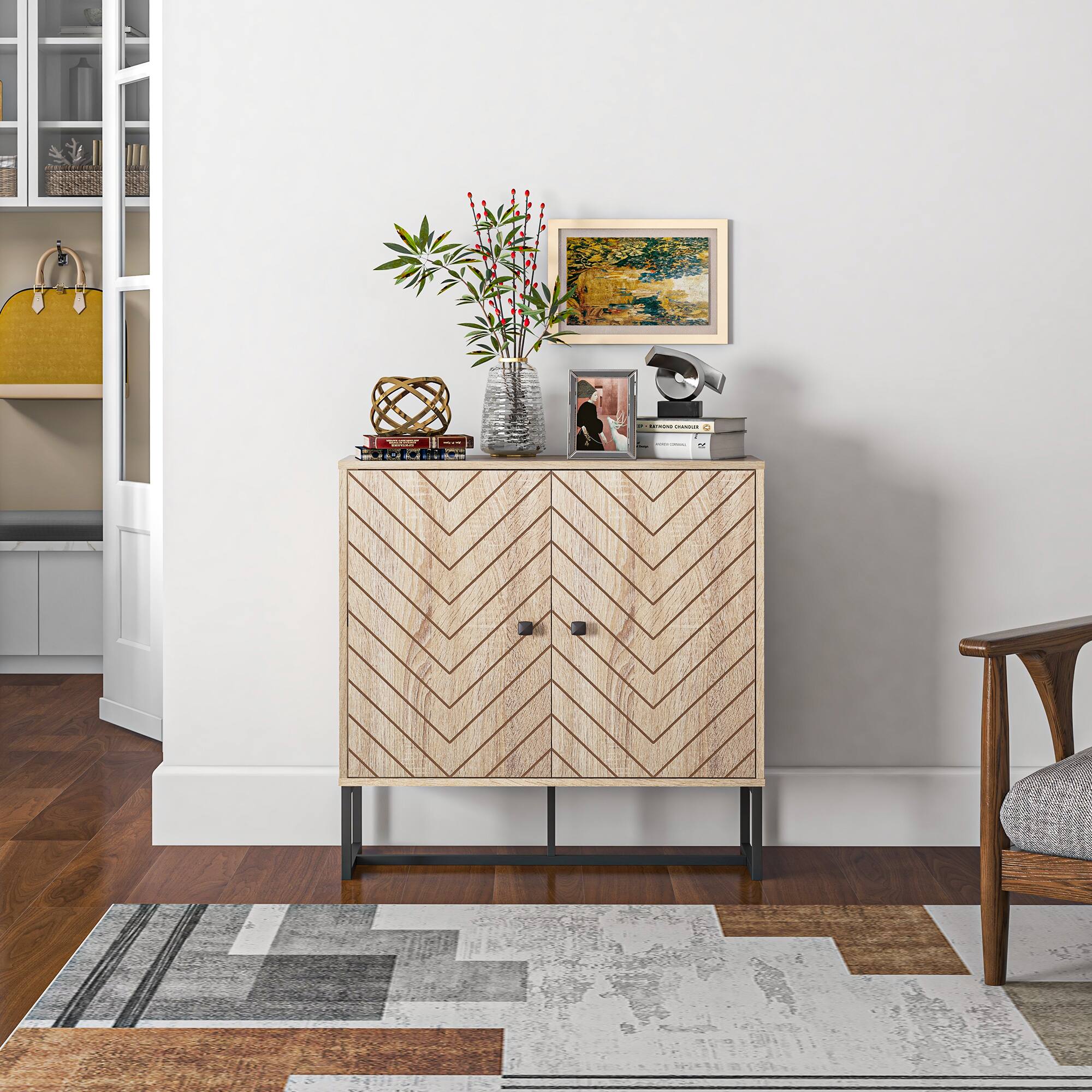 Alt View 6. Homcom - Buffet Cabinet, Modern Sideboard with Adjustable Shelf, Steel Base and 2 Chevron Doors - Natural Wood.
