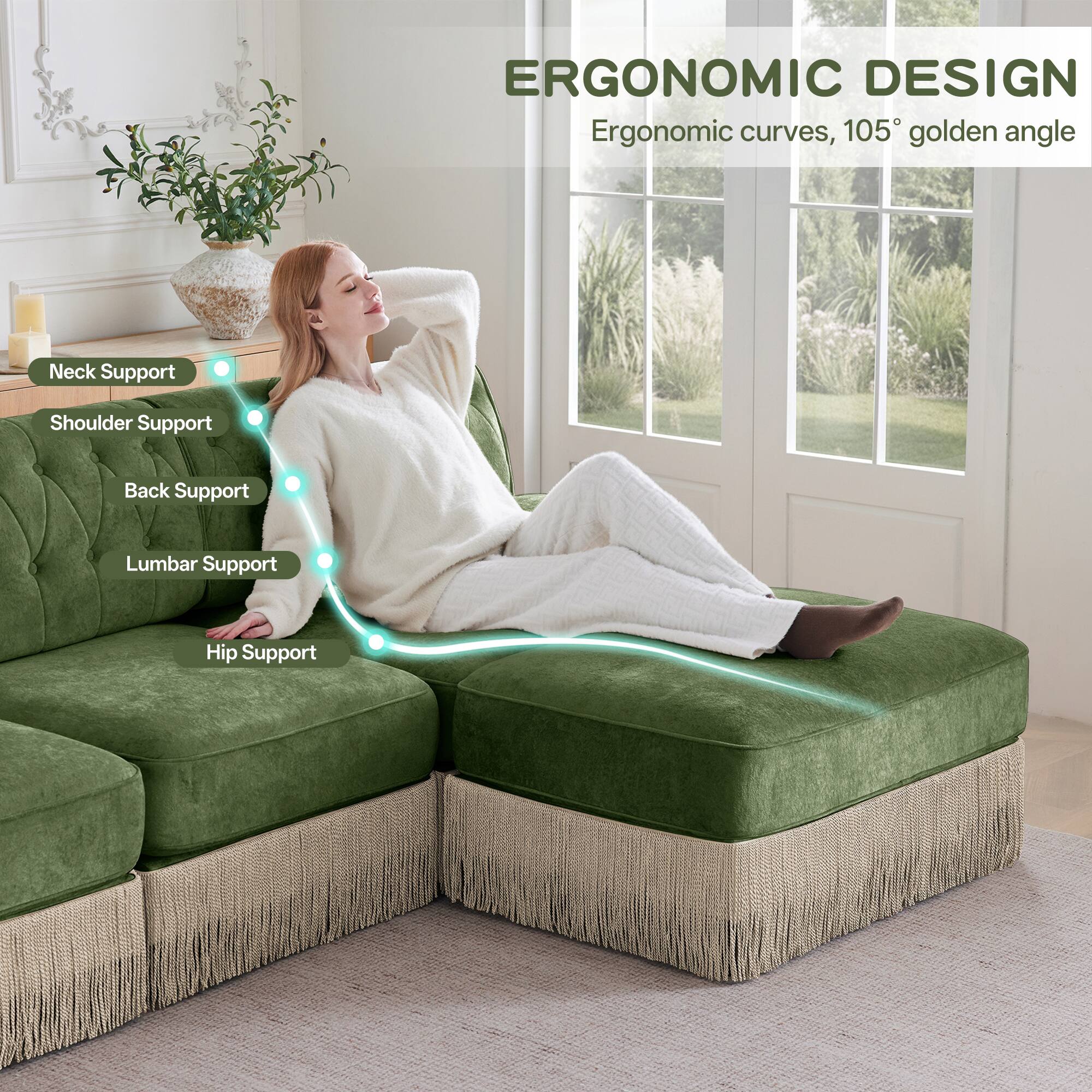 ERGONOMIC DESIGN  
Ergonomic curves, 105° golden angle  

- Neck Support  
- Shoulder Support  
- Back Support  
- Lumbar Support  
- Hip Support