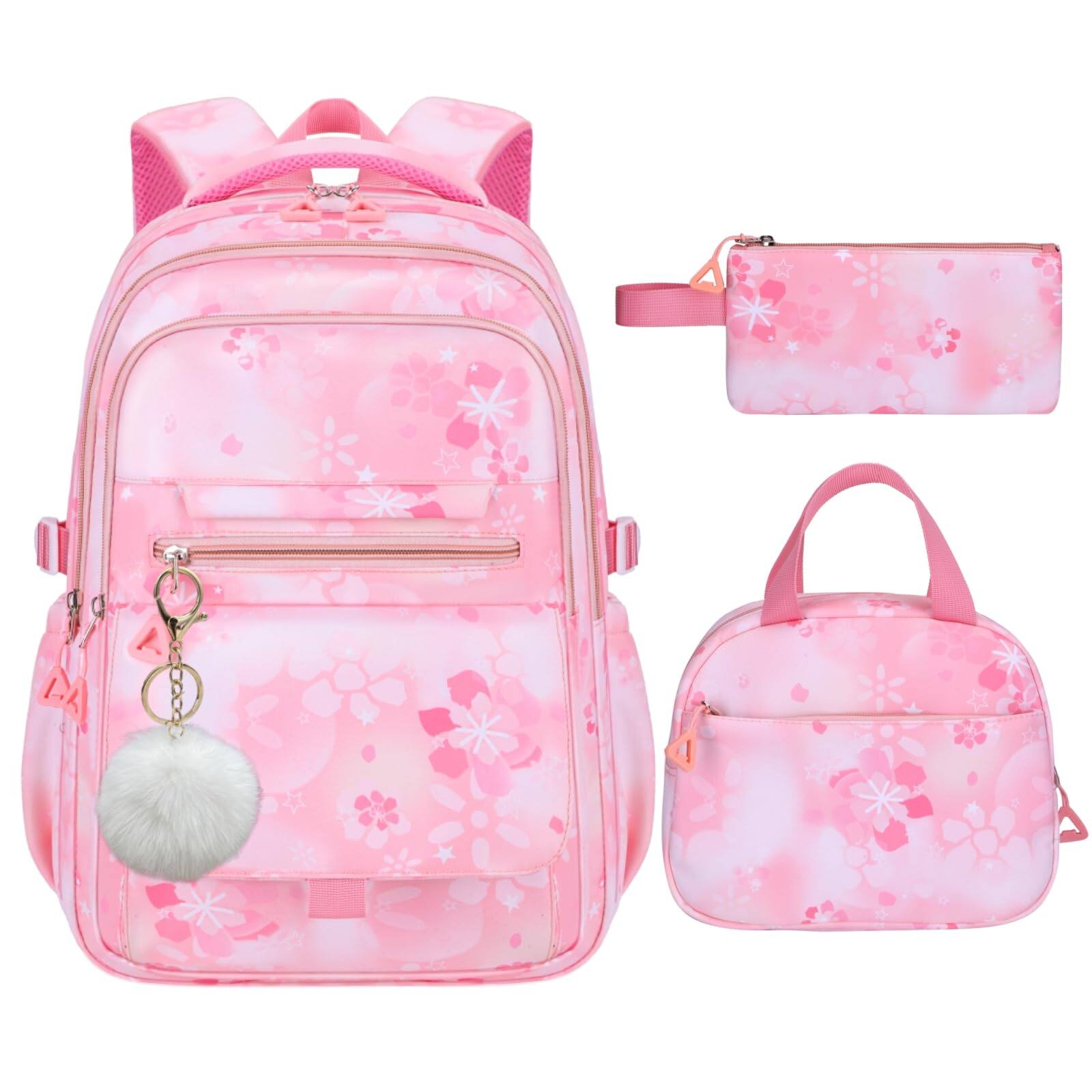 Front. Live At Space - 3pcs Set Backpacks For Teen  Cute Flowers School Bag Bookbags With Lunch Box Pencil Multi pockets Backpack Elementary - 3pcs Flower Pink.