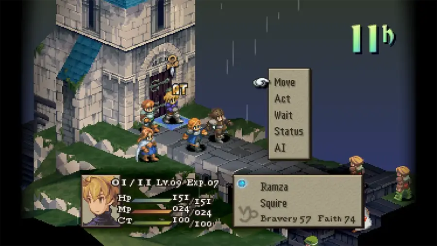 The text on the image is grouped as follows:

11h Move Act Wait Status AI OI/II Lv.09 Exp.07 Hp I5I I5I MP 024 024 C 10O 1o0 Ramza Squire Bravery 57 Faith 74