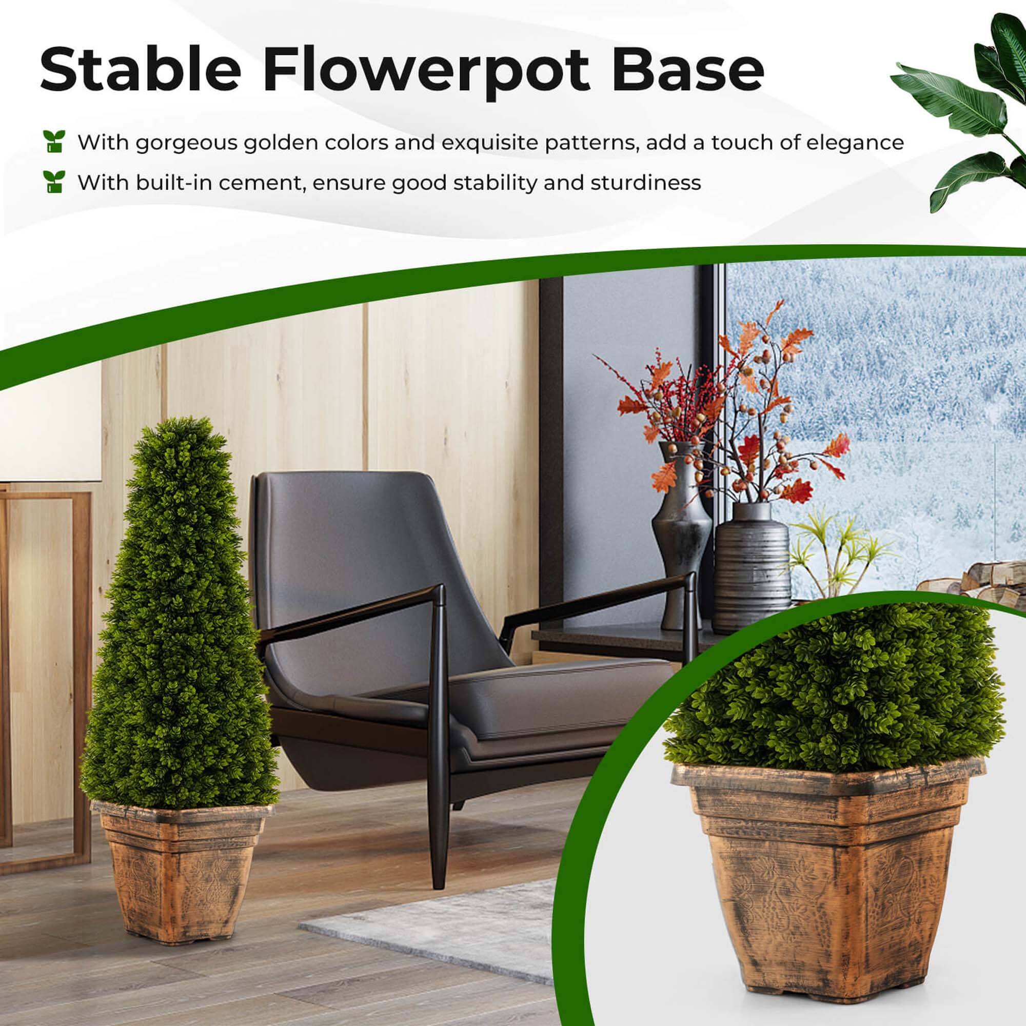 Stable Flowerpot Base

- With gorgeous golden colors and exquisite patterns, add a touch of elegance.
- With built-in cement, ensure good stability and sturdiness.