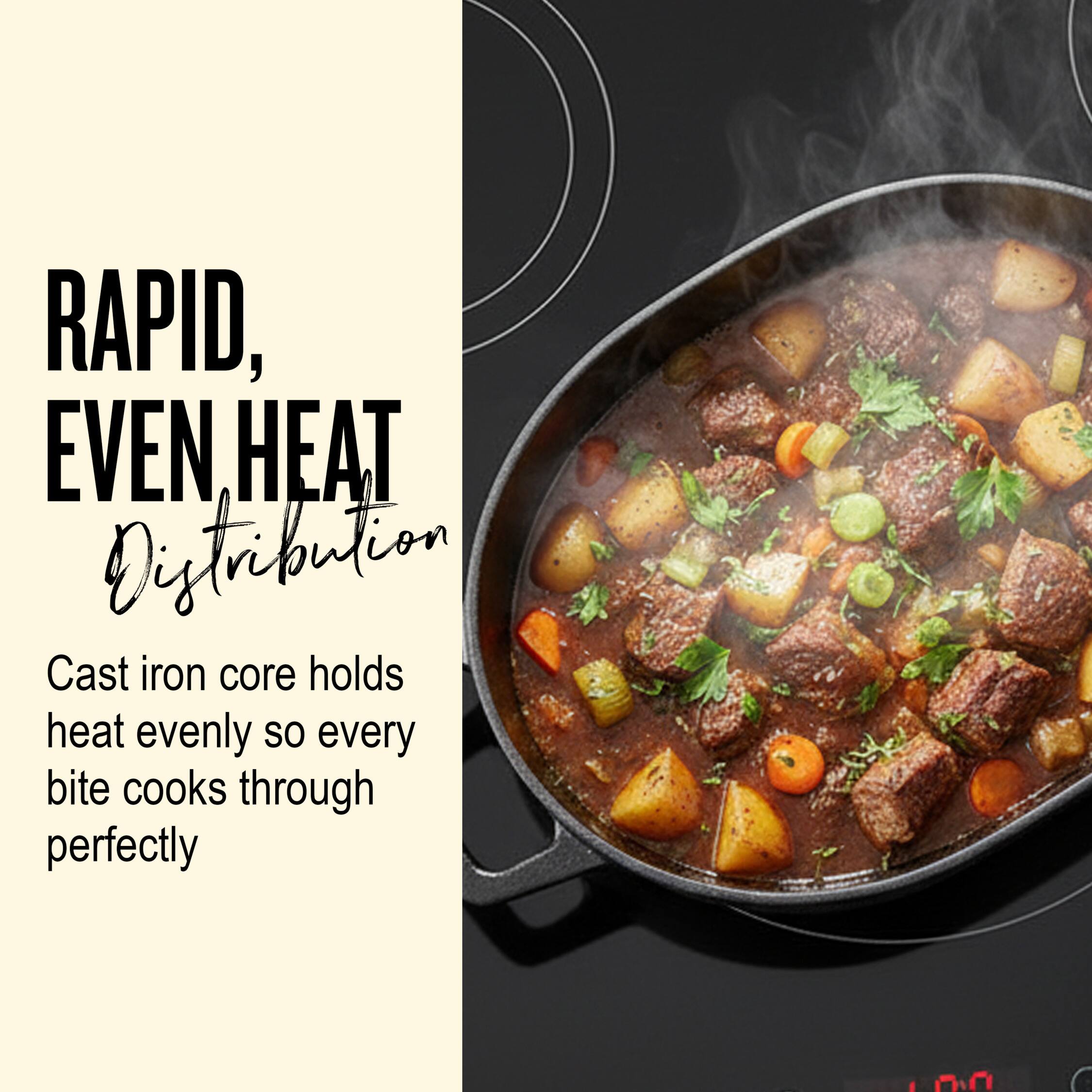 RAPID, EVEN HEAT Distribution

Cast iron core holds heat evenly so every bite cooks through perfectly