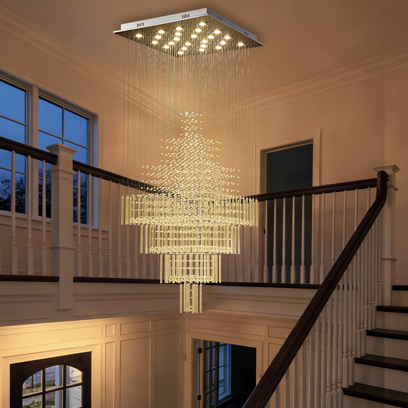 Alt View 2. Siljoy - 31.5-Inch Modern Minimalist Square Layered Glass Chandelier with K9 Clear Handmade Crystal for Stairwells and Foyers - Chrome.