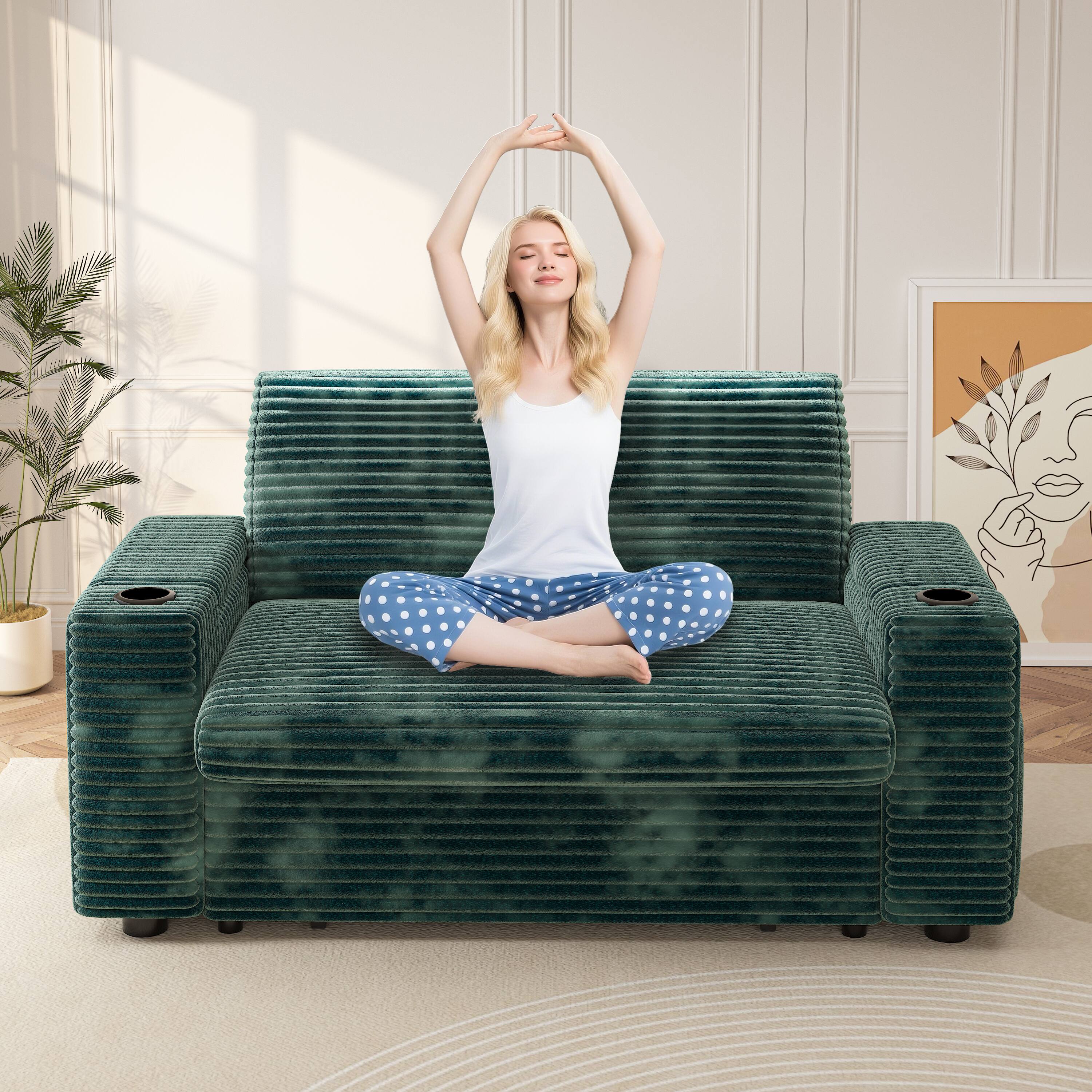 Angle. Vipbear - Vipbear 65" Loveseat Sleeper Sofa Pull-Out Bed ,Reclining Backrest, USB Ports, Side Table,Corduroy Green - Green.