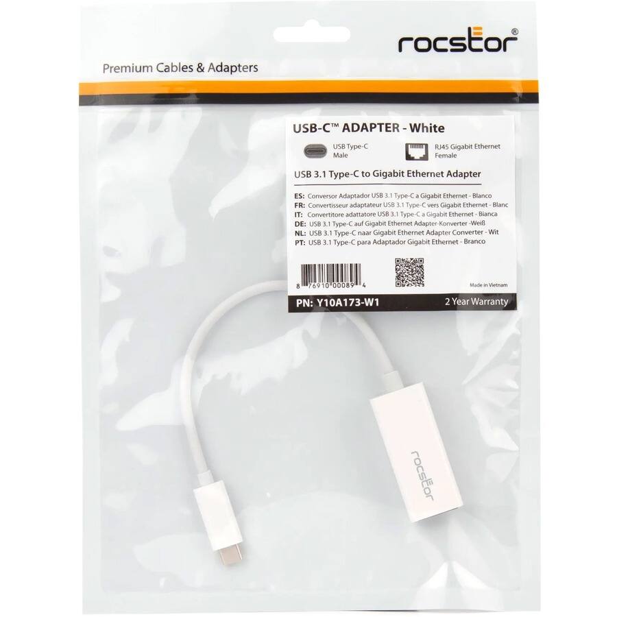 Premium Cables & Adapters

USB-C™ ADAPTER - White

USB 3.1 Type-C to Gigabit Ethernet Adapter

- USB Type-C Male
- RJ45 Gigabit Ethernet Female

ES: Conversor Adaptador USB 3.1 Type-C a Gigabit Ethernet Blanco
FR: Convertisseur adaptateur USB 3.1 Type-C vers Gigabit Ethernet Blanc
IT: Convertitore adattatore USB 3.1 Type-C a Gigabit Ethernet Bianco
DE: USB 3.1 Type-C auf Gigabit Ethernet Adapter Konverter - Weiß
NL: USB 3.1 Type-C naar Gigabit Ethernet Adapter Converter Wit
PT: USB 3.1 Type-C para Adaptador Gigabit Ethernet Branco

PN: Y10A173-W1

Made in Vietnam

2 Year Warranty