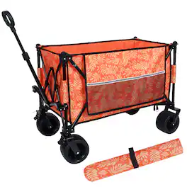 Mondawe - 480lbs Heavy-Duty Folding Wagon Utility Carts w/ Picnic Mat, All-Terrain Wheels, Brakes & Pockets - Orange