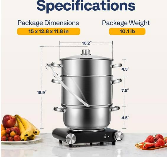 Specifications

Package Dimensions: 15 x 12.8 x 11.8 in

Package Weight: 10.1 lb

Dimensions of the product:
- Height: 18.9"
- Diameter: 10.2"
- Width: 7.5"
- Depth: 4.5"