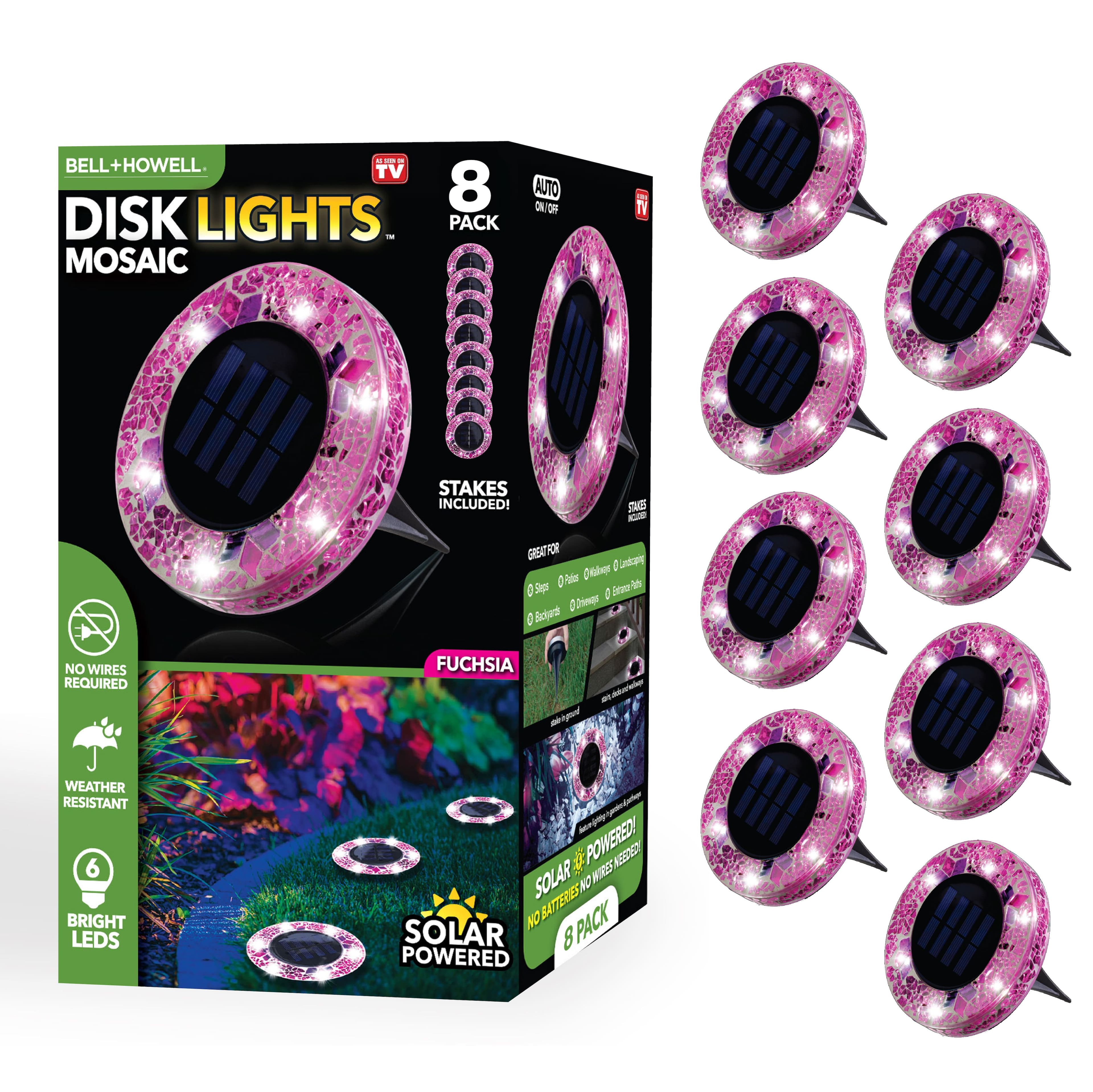 Bell + Howell - 6 LED Round Mosaic Solar Powered Disk Lights with Auto On/Off - 8 Pack