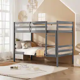 Gymax - Twin Over Twin Wood Bunk Beds W/Ladder & Safety Rail Pine Wood Bunk Bed - Gray