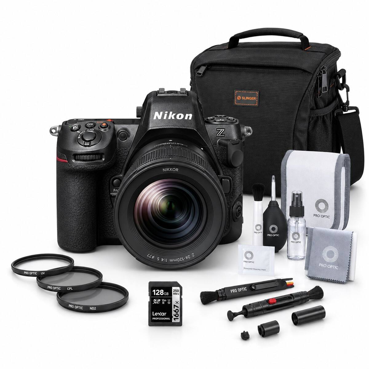 1 SLINGER  
2 C Nikon Z NIKKOR 54-120mm 1.4  
PRO OPTIC  
- PRO OPTIC UV  
- PRO OPTIC CPL  
- PRO OPTIC ND2 128  
- PRO OPTIC 128GB 250 Lexar 1667x  
- PRO OPTIC