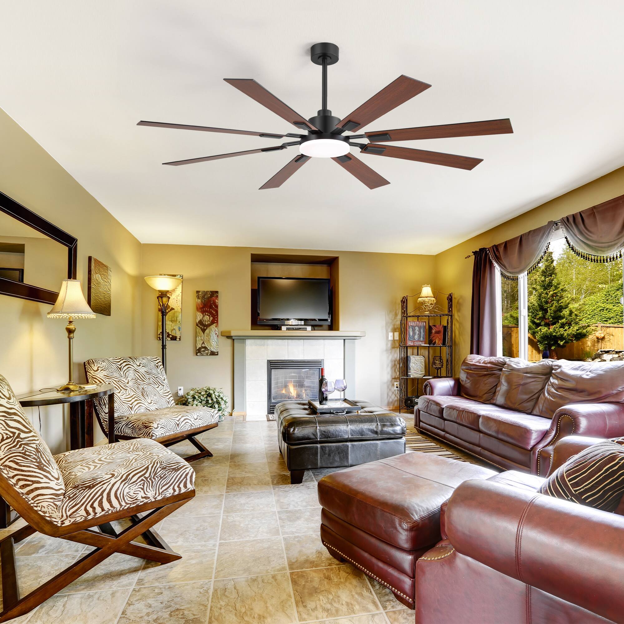 Alt View 2. Breezary - 72'' Ceiling Fan with 8 Plywood Blades, 3-Color Light, 6-Speed DC Motor, 6"/20" Downrods, Remote with Timer - Matte Black and Dark Wood Grain.