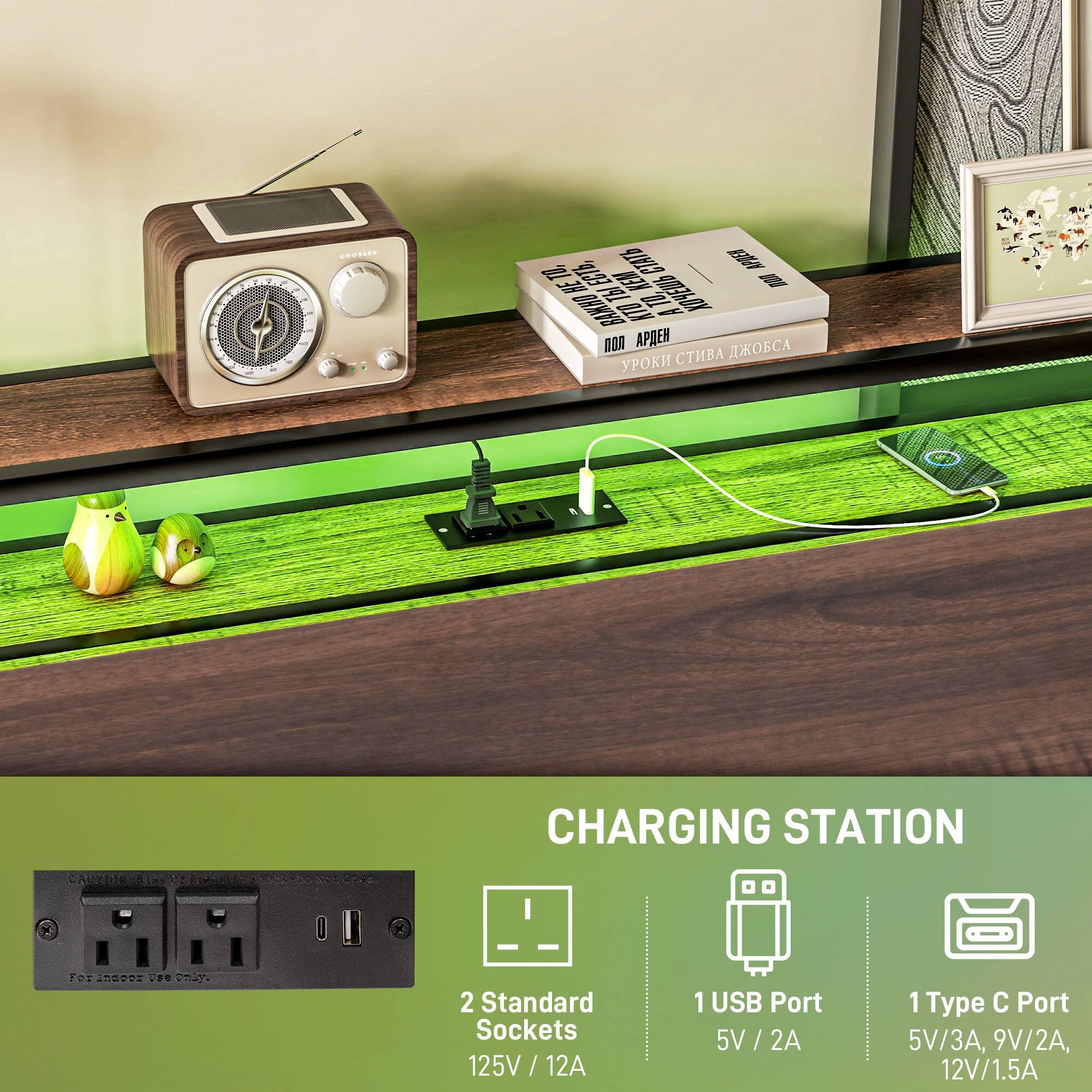 CHARGING STATION

2 Standard Sockets 125V / 12A
1 USB Port 5V / 2A
1 Type C Port 5V/3A, 9V/2A, 12V/1.5A