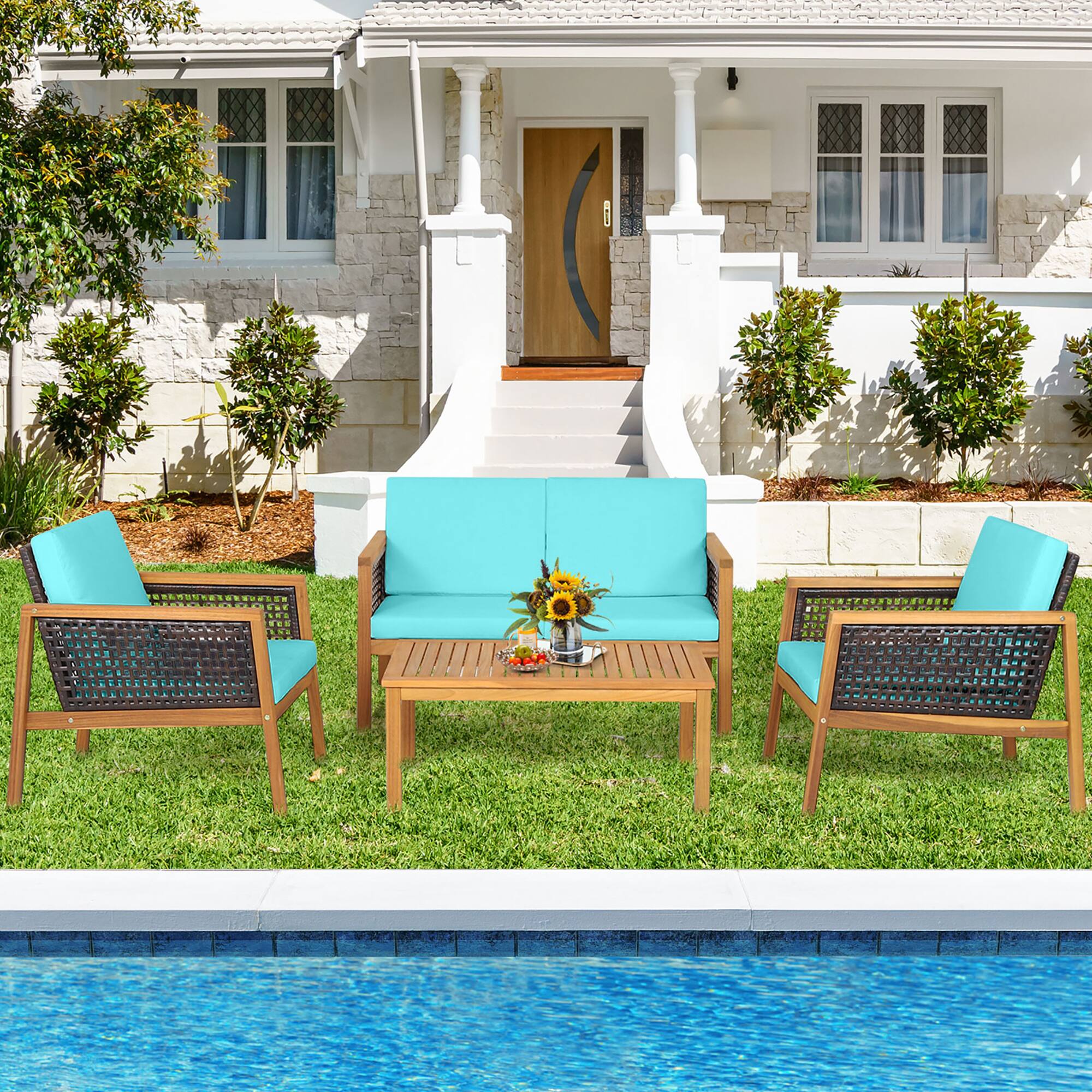 Alt View 4. Gymax - Gymax 8PCS Patio Acacia Wood Furniture Set PE Rattan Conversation Set w/ Turquoise Cushions - Turquoise.
