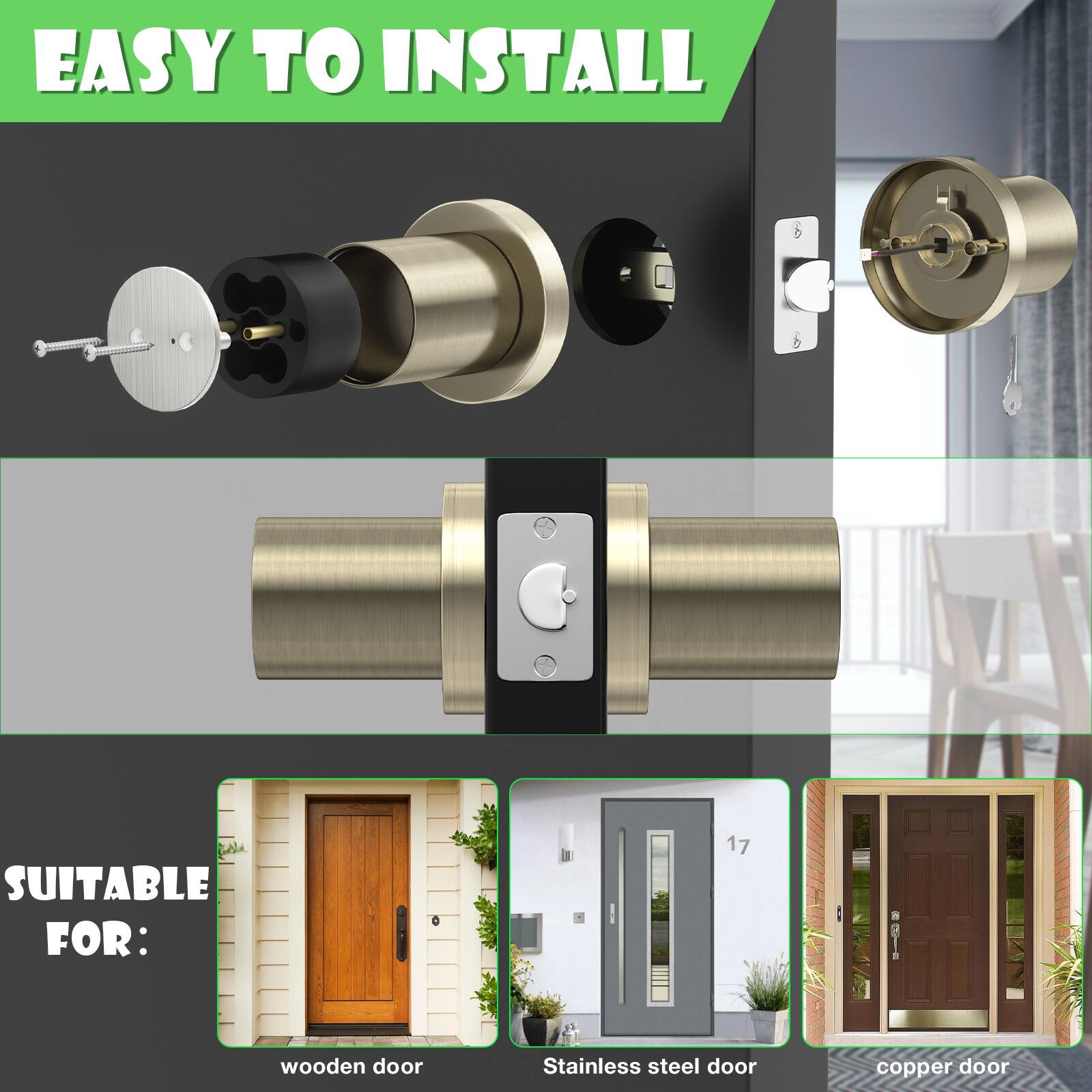 EASY TO INSTALL - SUITABLE FOR: wooden door, Stainless steel door, copper door