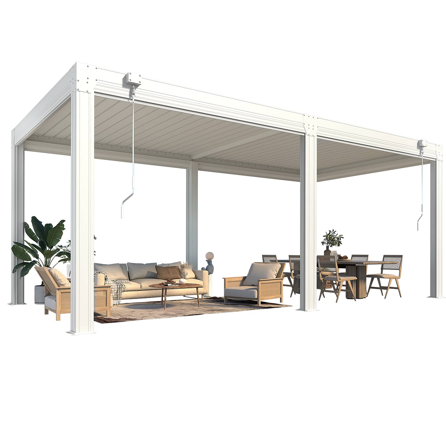 Front. U-HOMY - 10'x20' Outdoor Louvered Pergola - Features Adjustable Aluminum Roof & Drop-Down Curtains - White.