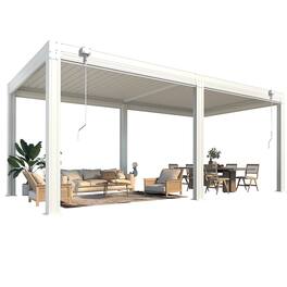 U-HOMY - 10'x20' Outdoor Louvered Pergola - Features Adjustable Aluminum Roof & Drop-Down Curtains - White