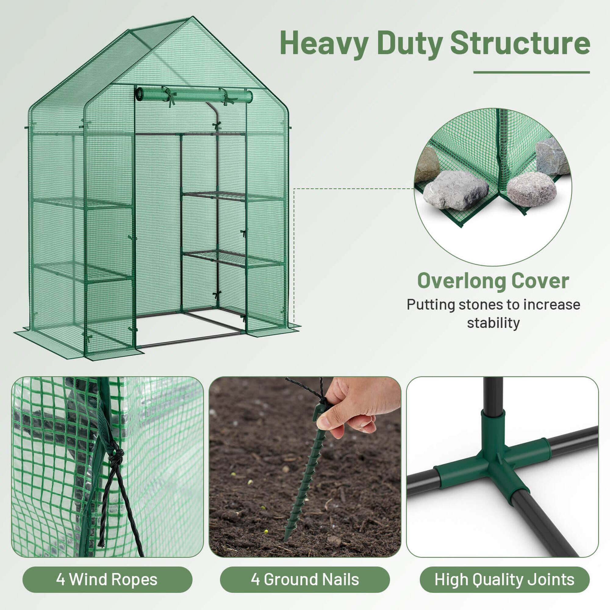 Heavy Duty Structure  
Overlong Cover  
Putting stones to increase stability  
4 Wind Ropes  
4 Ground Nails  
High Quality Joints
