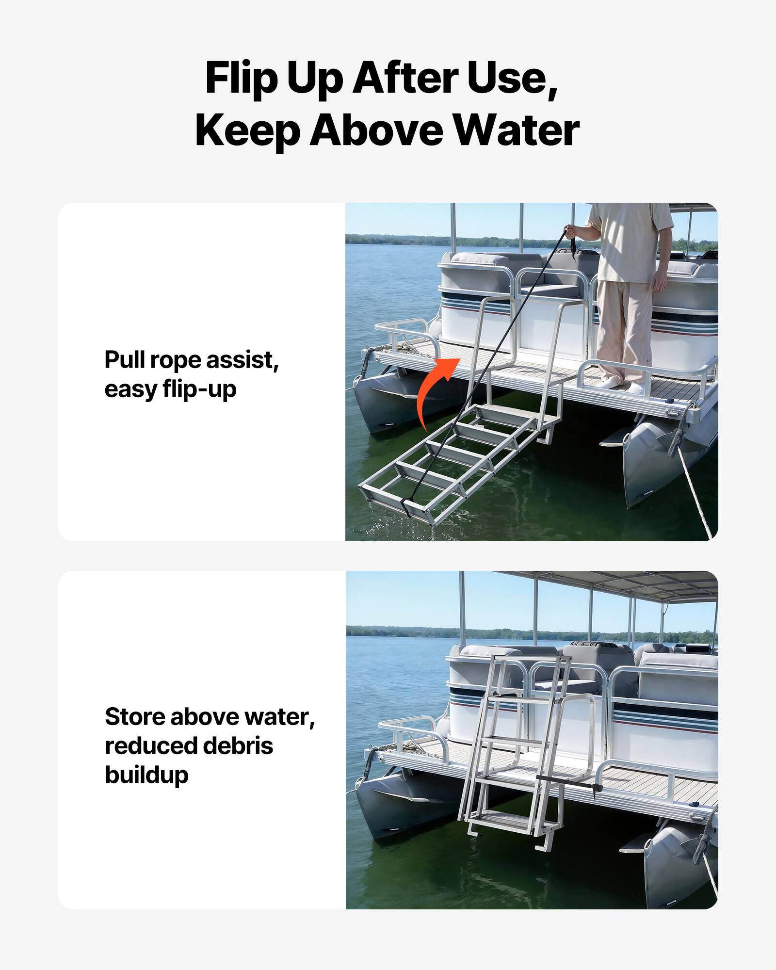 Flip Up After Use, Keep Above Water

- Pull rope assist, easy flip-up
- Store above water, reduced debris buildup
