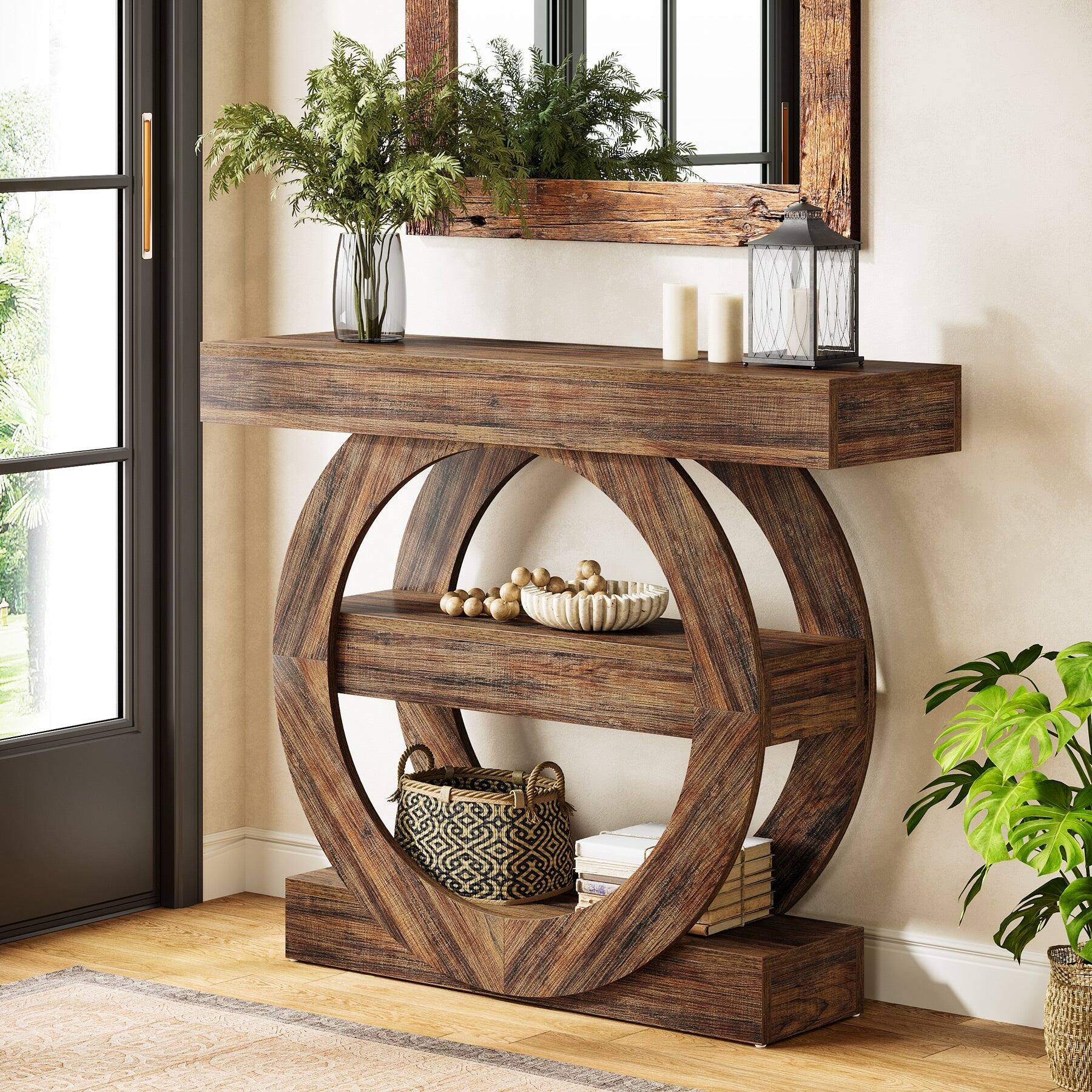 Alt View 2. Tribesigns - Console Table with Storage Shelves and Wood Grain Finish for Entryway, Hallway and Living Room - Rustic Brown.