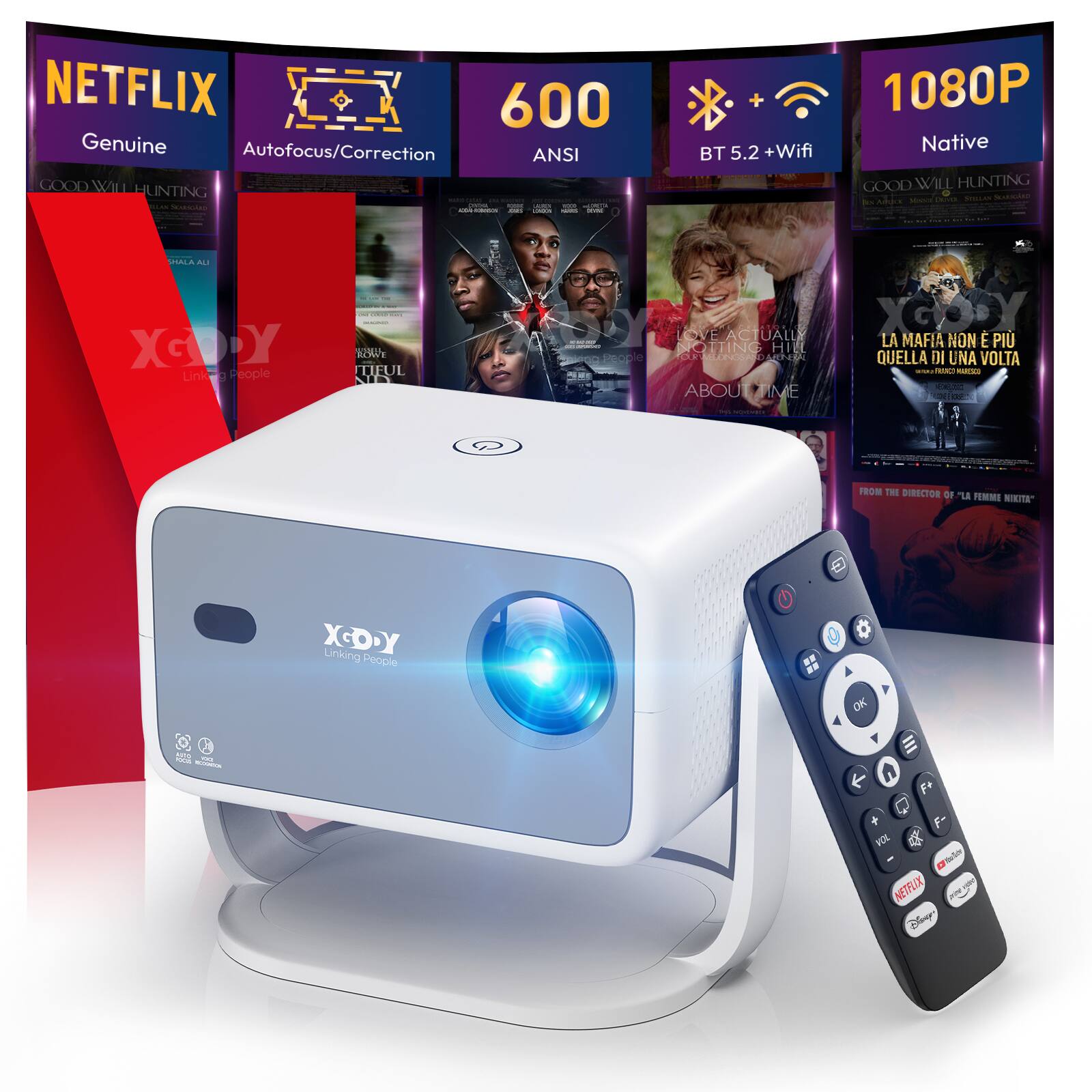 NETFLIX Genuine
Autofocus/Correction
600 ANSI
BT 5.2 + Wifi
1080P Native
GOOD WILL HUNTING
LOVE ACTUALLY
NOTHING HILARIOUS
ABOUT TIME
LA MAFFIA NON È PIÙ QUELLA DI UNA VOLTA
XGODY Linking People
NETFLIX
Disney