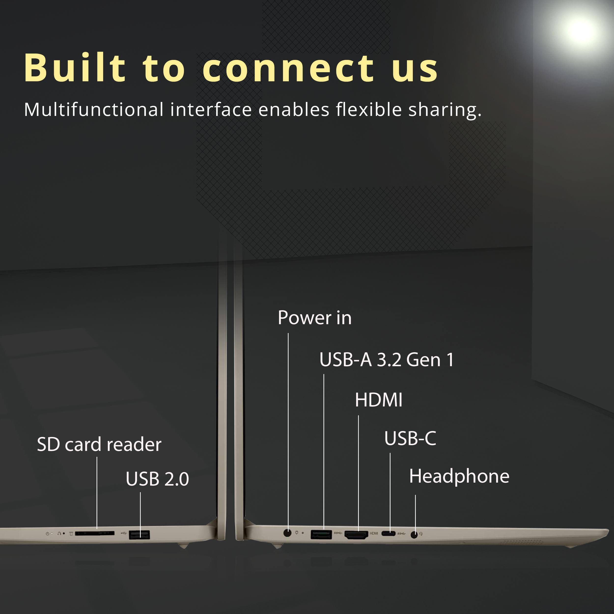 Built to connect us  
Multifunctional interface enables flexible sharing.  

Power in  
USB-A 3.2 Gen 1  
HDMI  
USB-C  
Headphone  

SD card reader  
USB 2.0