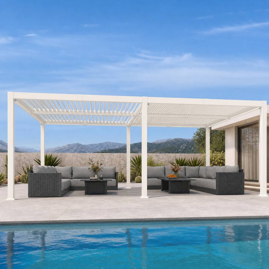 Alt View 2. PURPLE LEAF - Louvered Pergola with LED Strip Lights Outdoor White Aluminum Hardtop Gazebo with Adjustable Roof for Patio Garden Yard - 13'×20'.