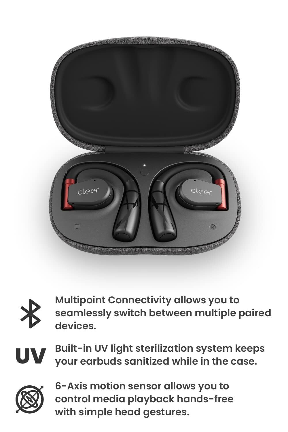 Multipoint Connectivity allows you to seamlessly switch between multiple paired devices. Built-in UV light sterilization system keeps your earbuds sanitized while in the case. 6-Axis motion sensor allows you to control media playback hands-free with simple head gestures.
