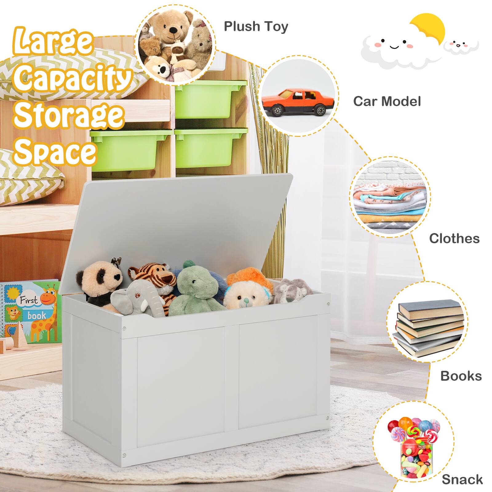 Large Capacity Storage Space

- Plush Toy
- Car Model
- Clothes
- Books
- Snack