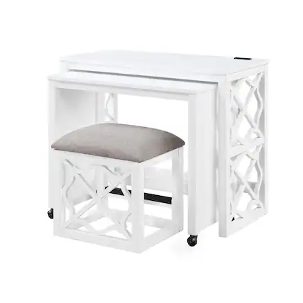 Front. Glintex - Desks and Stool Set 3pc Finish Rolling Desk with Casters, 2 Charging ports Home Office Furniture - White.