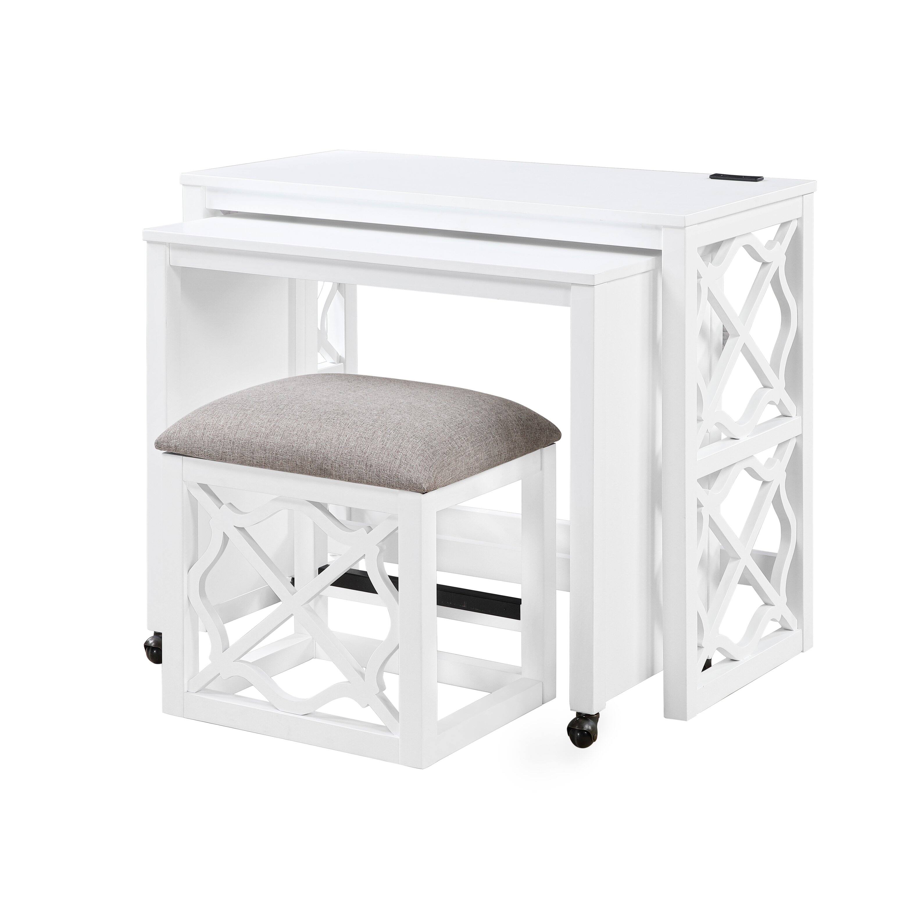 Front. Glintex - Desks and Stool Set 3pc  Finish Rolling Desk with Casters, 2 Charging ports Home Office Furniture - White.