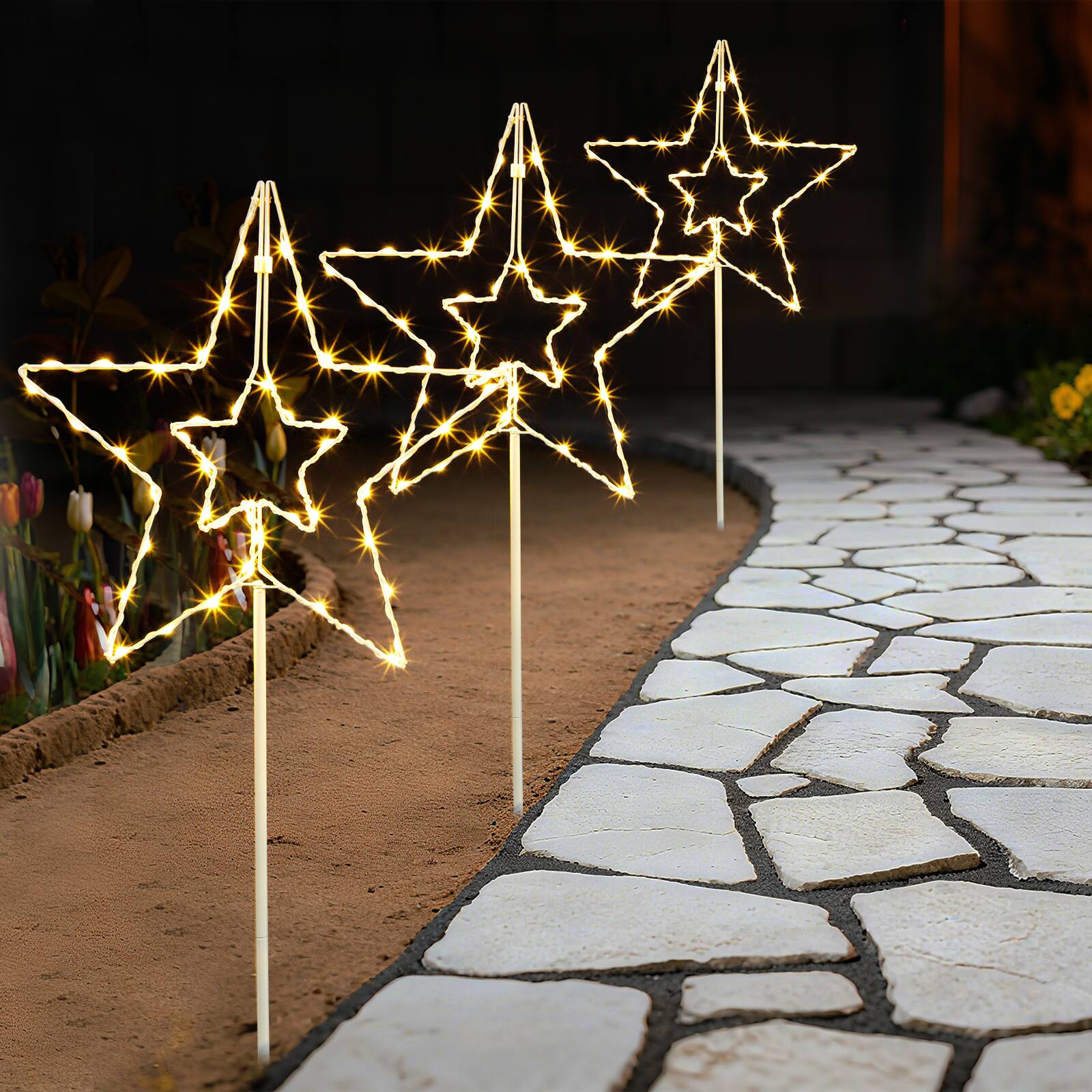 Alt View 1. Oumilen - Solar Star Stake Lights 3-in-1 Warm White LED 35In with 8 Lighting Modes & Timer.