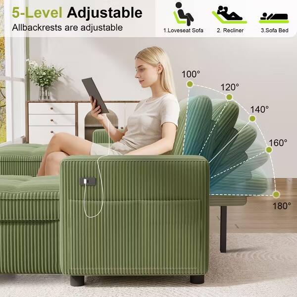 5-Level Adjustable Allbackrests are adjustable

1. Loveseat Sofa
2. Recliner
3. Sofa Bed

100° 120° 140° 160° 180°