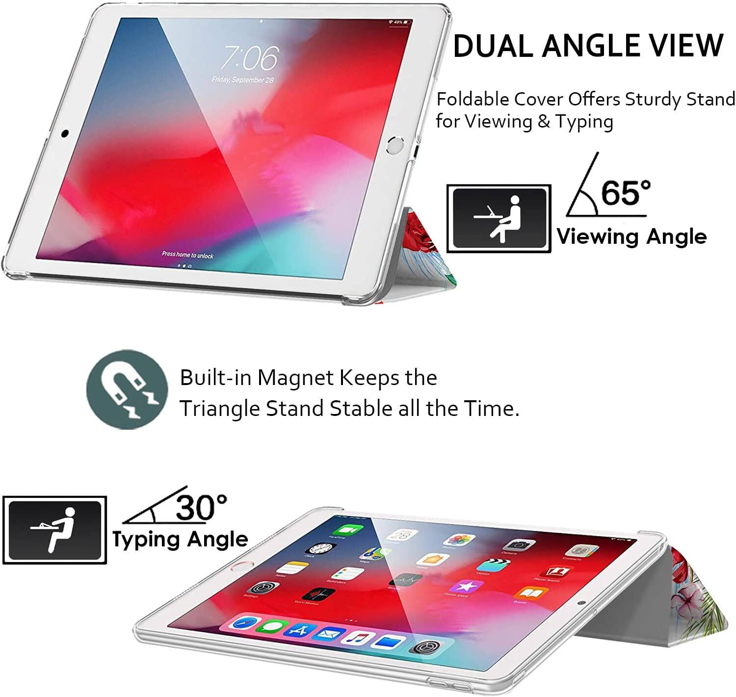 7:06 Friday, September 28

DUAL ANGLE VIEW
Foldable Cover Offers Sturdy Stand for Viewing & Typing

Press home to unlock

65° Viewing Angle

Built-in Magnet Keeps the Triangle Stand Stable all the Time.

30° Typing Angle