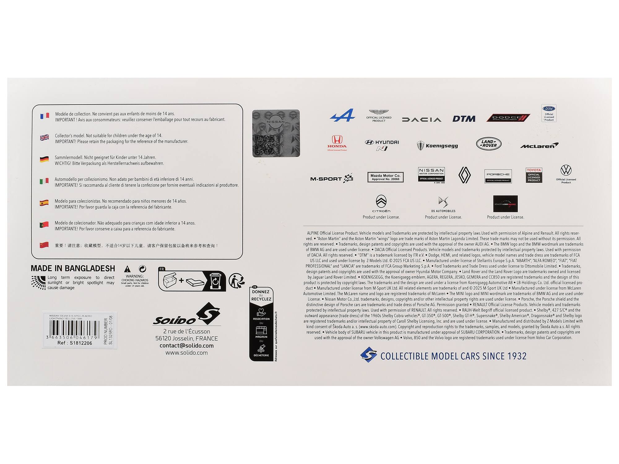Modele de collection. Ne convient pas aux enfants de moins de 14 ans. IMPORTANT! Aux vêux consommateurs: veuillez conserver l'emballage pour tout recours au fabricant. Collector's! Not suitable for children under the age of 14. IMPORTANT! Please retain the packaging for the reference of the manufacturer. Sammelmödel. Nicht geeignet für Kinder unter 14 Jahren. WICHTIG! Bitte Verpackung an Herstellemachweis aufbewahren. Automodello per collezionismo. Non adatto per bambini di età inferiore di 14 anni. IMPORTANT! Si raccomanda agli acquirenti di tenere la confezione per forme eventuali indicazioni al produttore. Modelo para coleccionistas. No recomendado para niños menores de 14 años. IMPORTANT! Por favor conserve la caja con la referencia del fabricante. Modelo de coleccionador. No adecuado para niños con edad inferior a 14 años. IMPORTANT! Por favor conserve la caja con la referencia del fabricante. MADE IN BANGLADESH Long term exposure to direct sunlight may cause damage. DONNEZ RE
