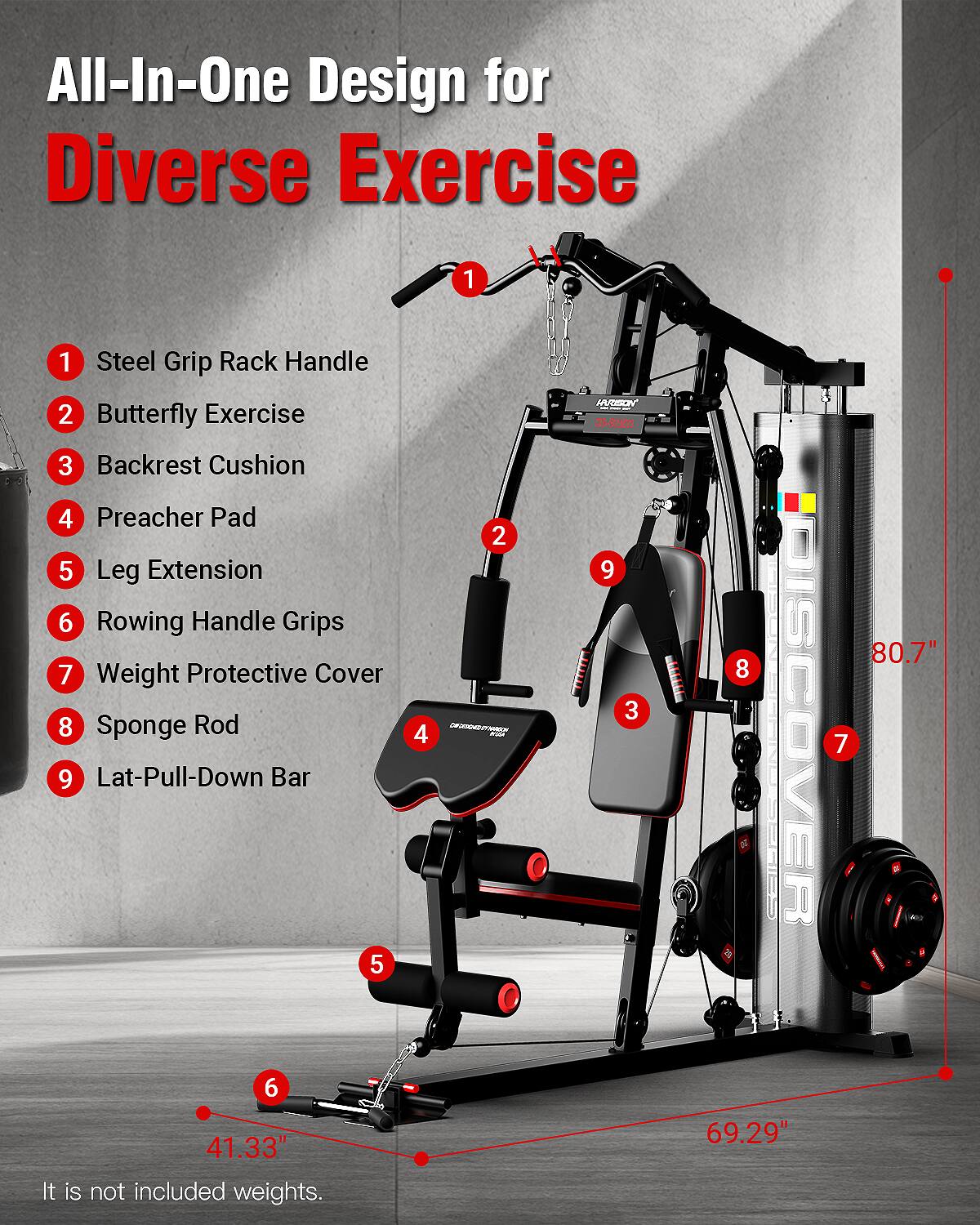 All-In-One Design for Diverse Exercise

1. Steel Grip Rack Handle
2. Butterfly Exercise
3. Backrest Cushion
4. Preacher Pad
5. Leg Extension
6. Rowing Handle Grips
7. Weight Protective Cover
8. Sponge Rod
9. Lat-Pull-Down Bar

80.7"  
41.33"  
69.29"  

It is not included weights.