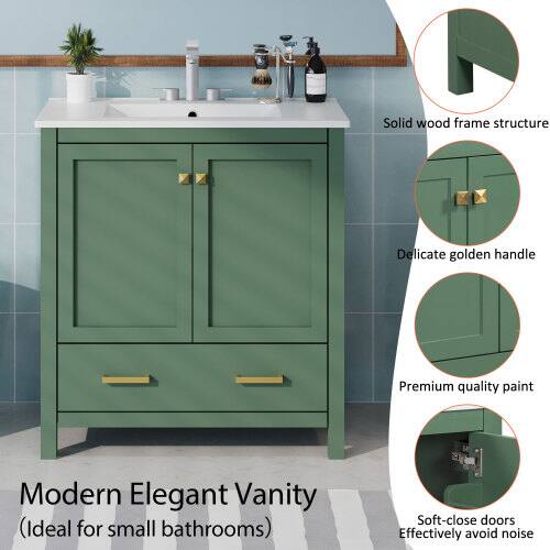 Solid wood frame structure  
Delicate golden handle  
Premium quality paint  
Modern Elegant Vanity (Ideal for small bathrooms)  
Soft-close doors  
Effectively avoid noise