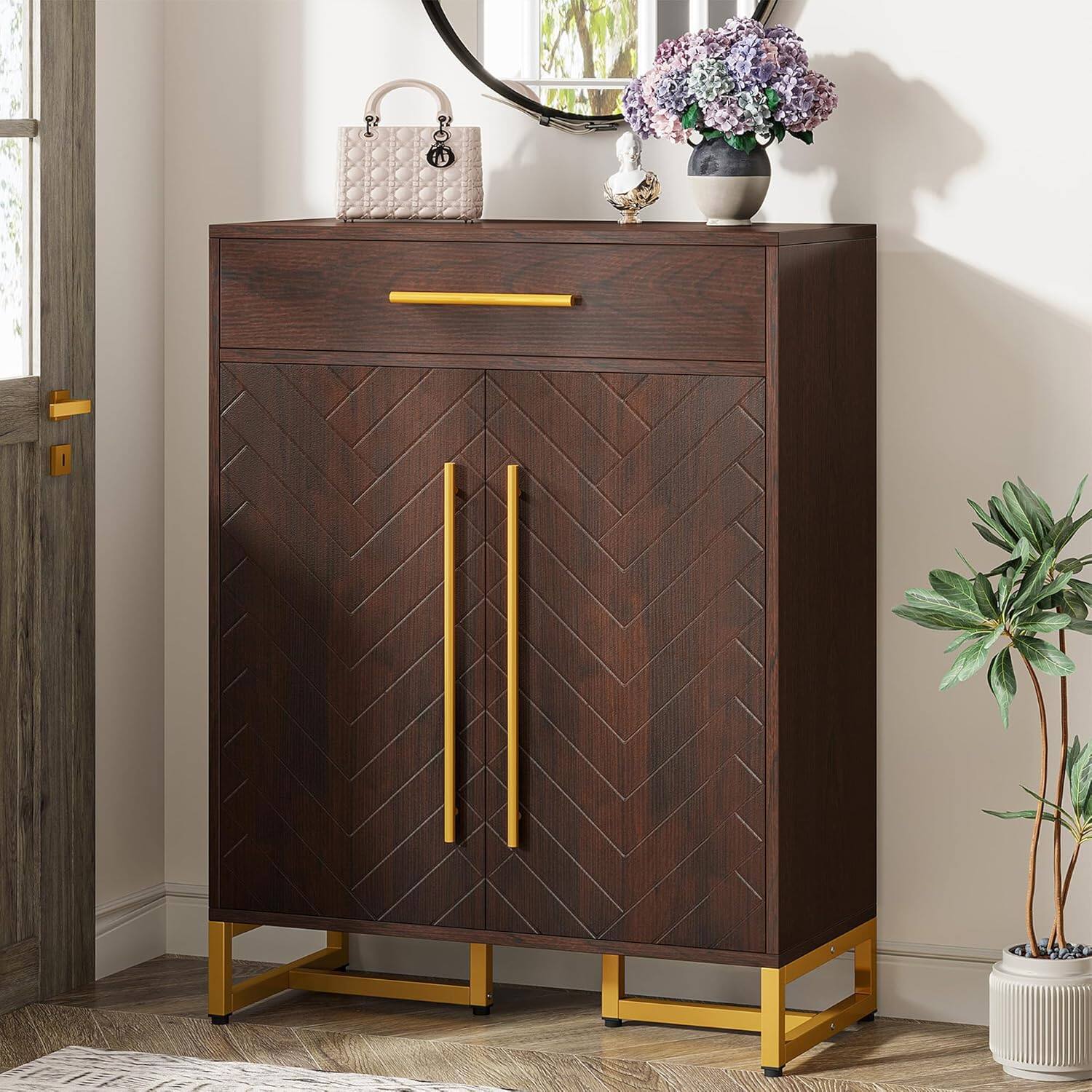 Alt View 4. TinyHomie - 31.5 inches Walnut and Gold Wooden Shoe Storage Cabinet with Doors - Dark Walnut.