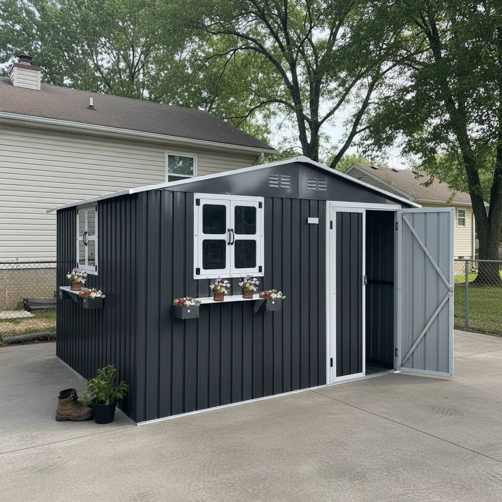 Left. Anysun - 10x8 FT Outdoor Metal Storage Shed with Window & Flower Rack – Lockable Double Doors Tool Shed, Waterproof Weatherproof - Coal Gray.