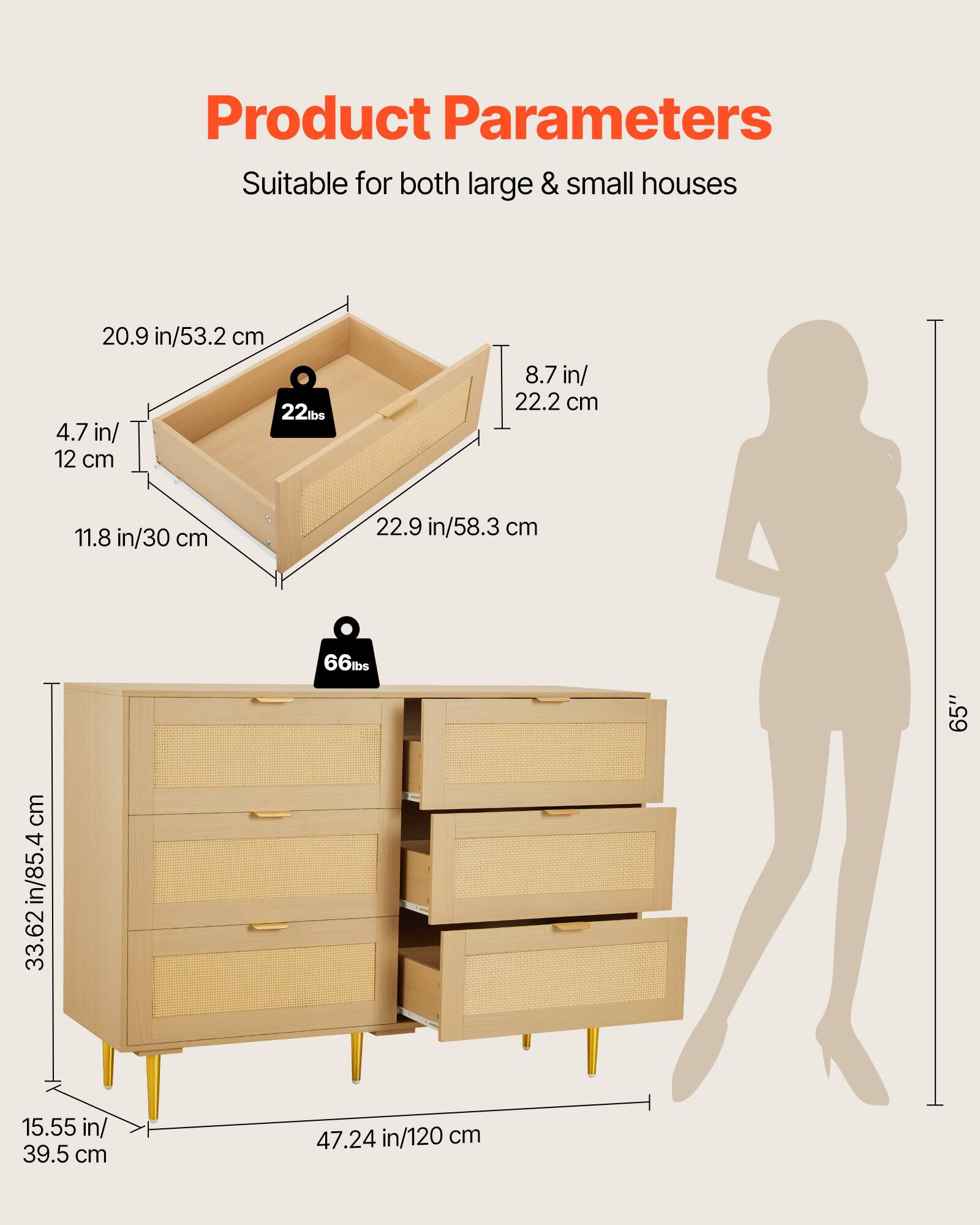 Product Parameters  
Suitable for both large & small houses  

- 20.9 in/53.2 cm  
- 22 lbs  
- 4.7 in/12 cm  
- 8.7 in/22.2 cm  
- 11.8 in/30 cm  
- 22.9 in/58.3 cm  
- 66 lbs  
- 33.62 in/85.4 cm  
- 15.55 in/39.5 cm  
- 47.24 in/120 cm