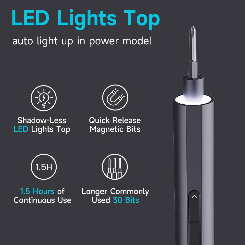 LED Lights Top  
auto light up in power model  

- Shadow-Less LED Lights Top  
- Quick Release Magnetic Bits  
- 1.5 Hours of Continuous Use  
- Longer Commonly Used 30 Bits