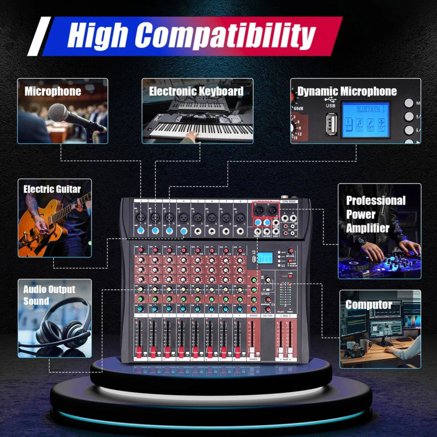 High Compatibility

- Microphone
- Electronic Keyboard
- Dynamic Microphone
- Electric Guitar
- Audio Output Sound
- Professional Power Amplifier
- Computer